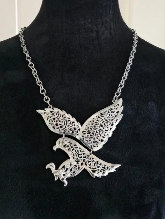 Gold Crown Jewelry - Vintage Silvertone Signed Gold Crown Eagle Necklace Adjustable